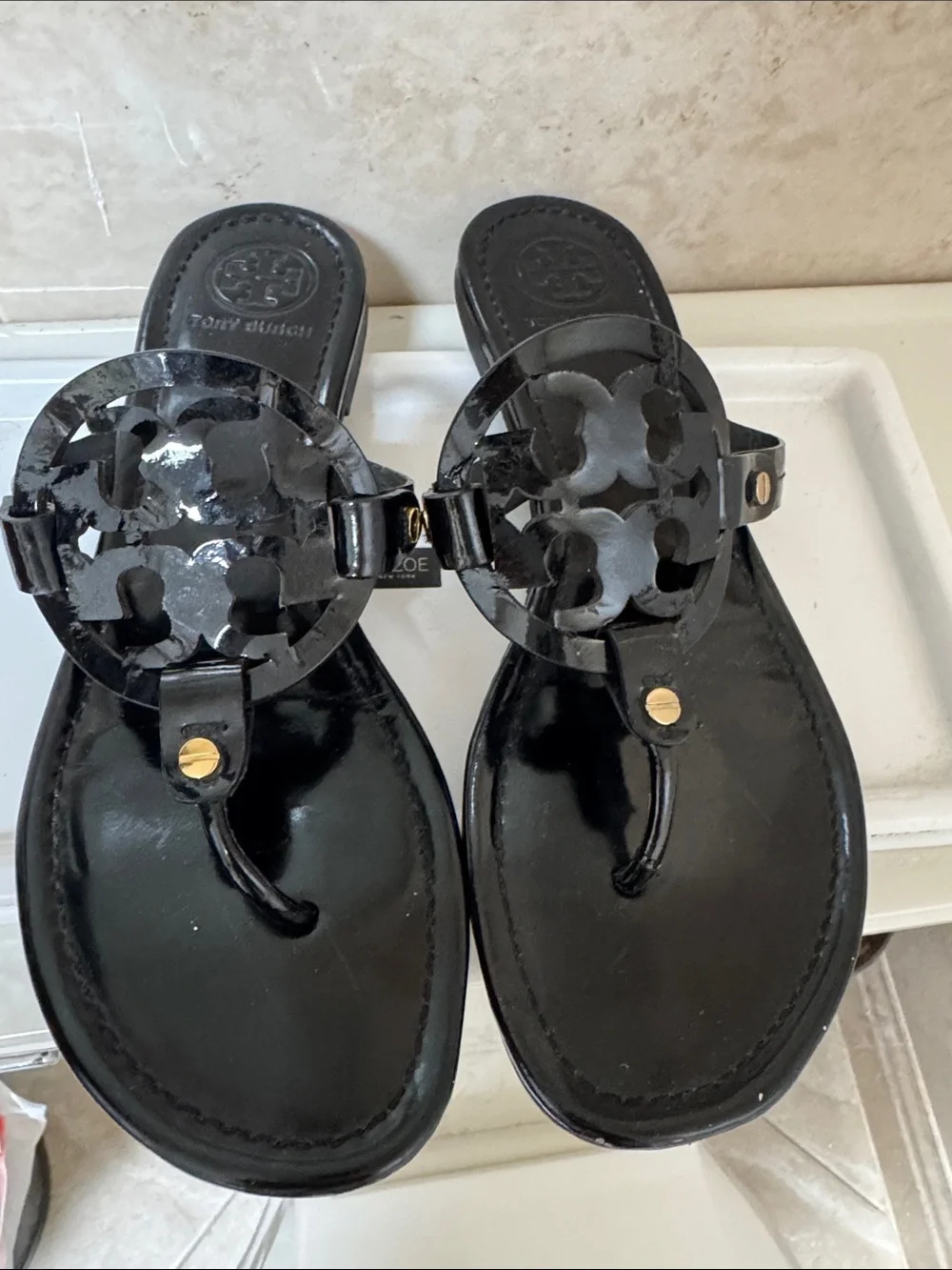 Tory Burch Black Patent Logo Thong Sandals with Gold Stud